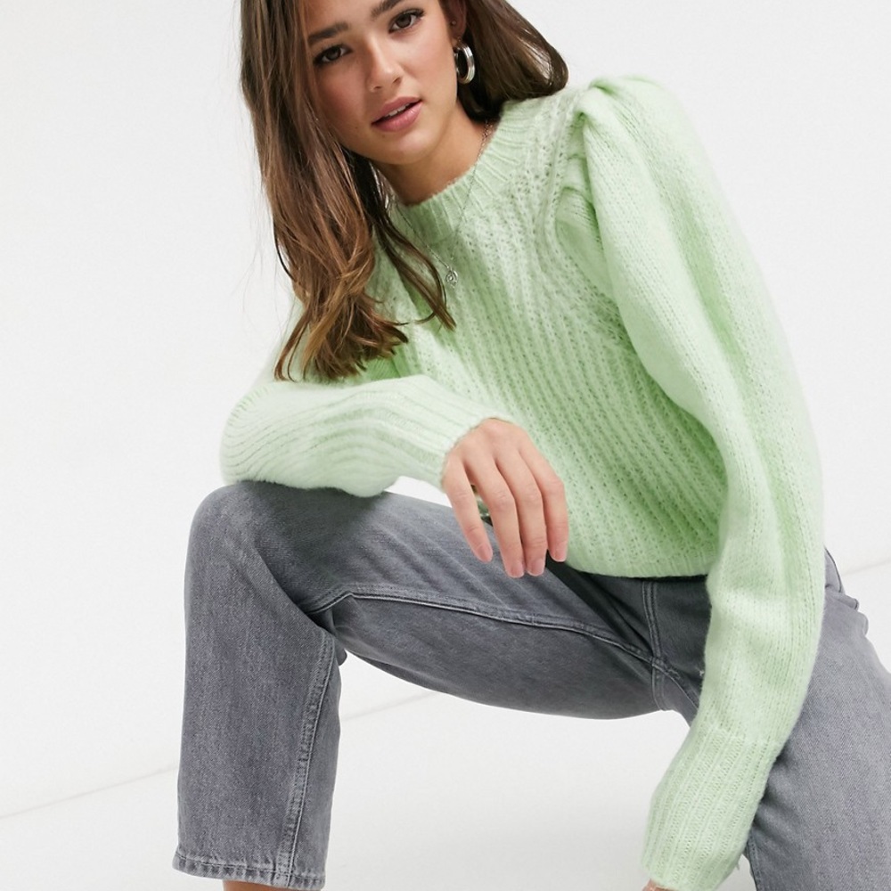 Topshop pleated sleeve jumper in pastel green